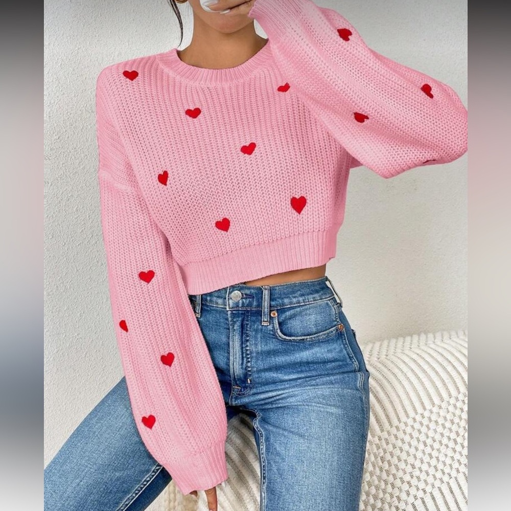 SHEIN Pink Cropped Sweater with Red Heart Motif